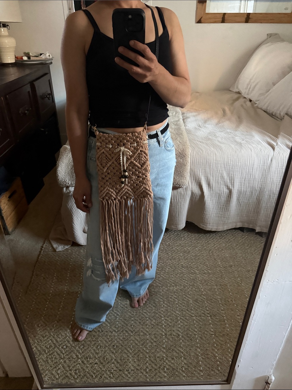 Boho Handwoven Macramé Crossbody Bag - Tan - Picture 12 of 15
